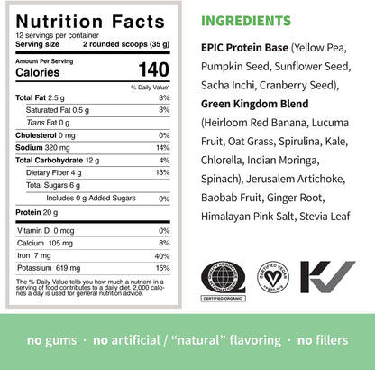 Sprout Living Epic Protein Bundle - Vanilla Lucuma & Green Kingdom (20g Organic Plant-Based Protein Powder, Vegan, Gluten Free, Superfoods) | 1lb, 12 Servings