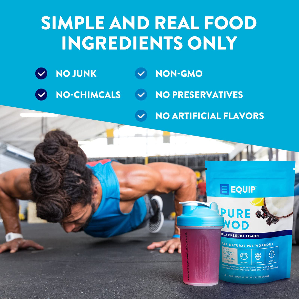 Equip Foods PureWOD All Natural Pre-Workout Powder - 200mg Green Tea Caffeine, BCAA