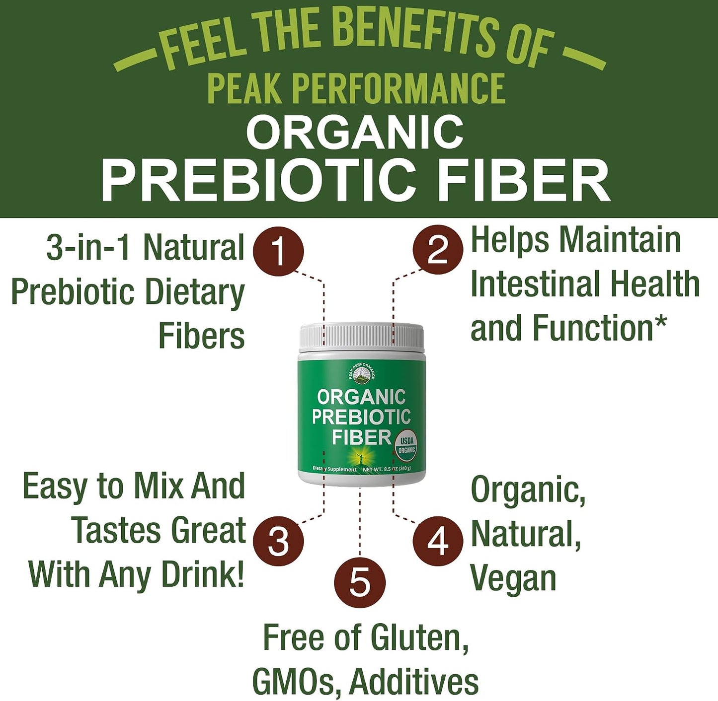 USDA Organic Prebiotic Fiber 3-in-1 Vegan Powder for Gut Health - Raw Whole Food Plant Based Prebiotics Digestive Supplement with Inulin (Jerusalem Artichoke), Acacia Fibers, SunFiber 240g