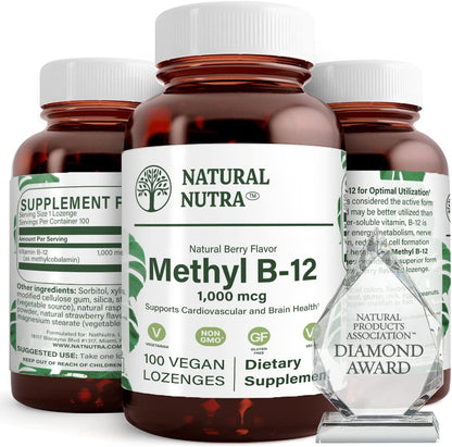 Natural Nutra Vegan Methyl B12 1000mcg, 100 Vegan Lozenges | Supports Cardiovascular & Brain Health, Energy Booster Supplement, Gluten-Free, Enhances Immune Response, Natural Berry Flvr