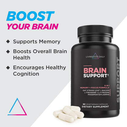 Livingood Daily Brain Supplements for Memory & Focus, Nootropic Pills with Bacopa, L Theanine, L Tyrosine, Amino Acids & More, Cognitive Support for Men & Women, Vegan, Gluten Free, 60 Capsules