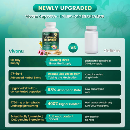 VivoNu 27-in-1 Liposome Lymphatic Drainage Supplements, 90 Day Supply with Echinacea, Chlorophyll, Dandelion, Burdock, Mullein Leaf Extract for Lungs, 10:1 Concentrated Technology, 90 Capsules