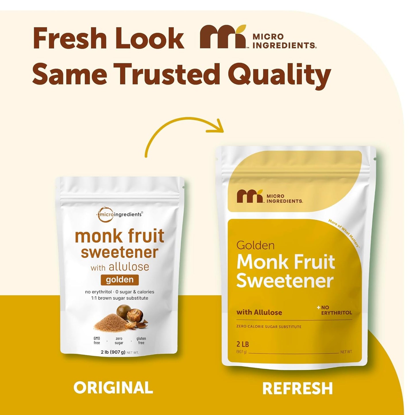 Micro Ingredients Golden Monk Fruit Sweetener with Allulose, 2 lbs, Pouch, 1:1 Brown Sugar Substitute, No Erythritol, No Aftertaste, 0 Calorie Alternative for Baking, Coffee, Tea, Keto, Vegan-Non-Gmo