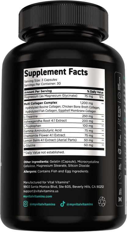 Vital Vitamins Multi Collagen Complex + Calm with Ashwagandha, 90 Capsules | Melatonin-Free Relaxation, 5 Collagen Types I, II, III, V & X with L-Theanine, Ashwagandha, GABA & Magnesium Glycinate