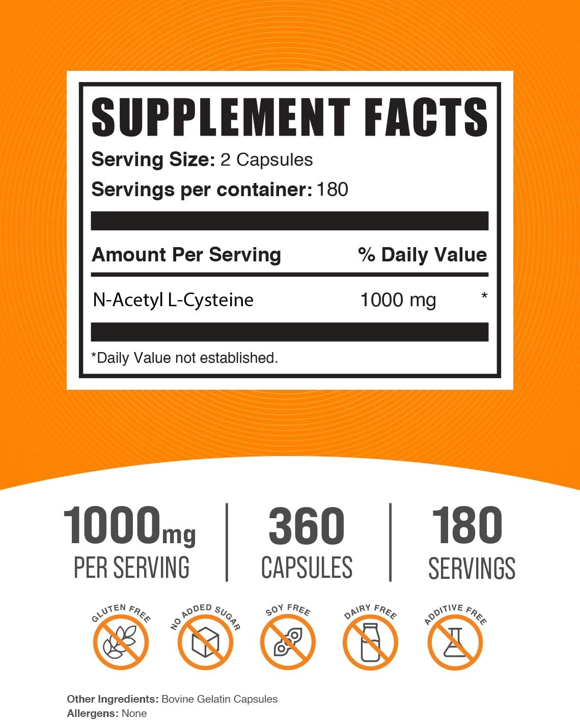 BulkSupplements.com NAC 1000 mg Capsules - N-Acetyle Cysteine 1000mg, NAC Supplement, NAC1000mg - NAC Capsules, Gluten Free - 2 Capsules per Serving, 180-Day Supply, 360 Capsules