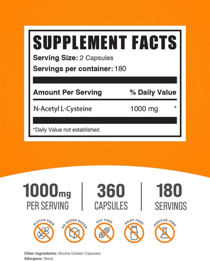 BulkSupplements.com NAC 1000 mg Capsules - N-Acetyle Cysteine 1000mg, NAC Supplement, NAC1000mg - NAC Capsules, Gluten Free - 2 Capsules per Serving, 180-Day Supply, 360 Capsules