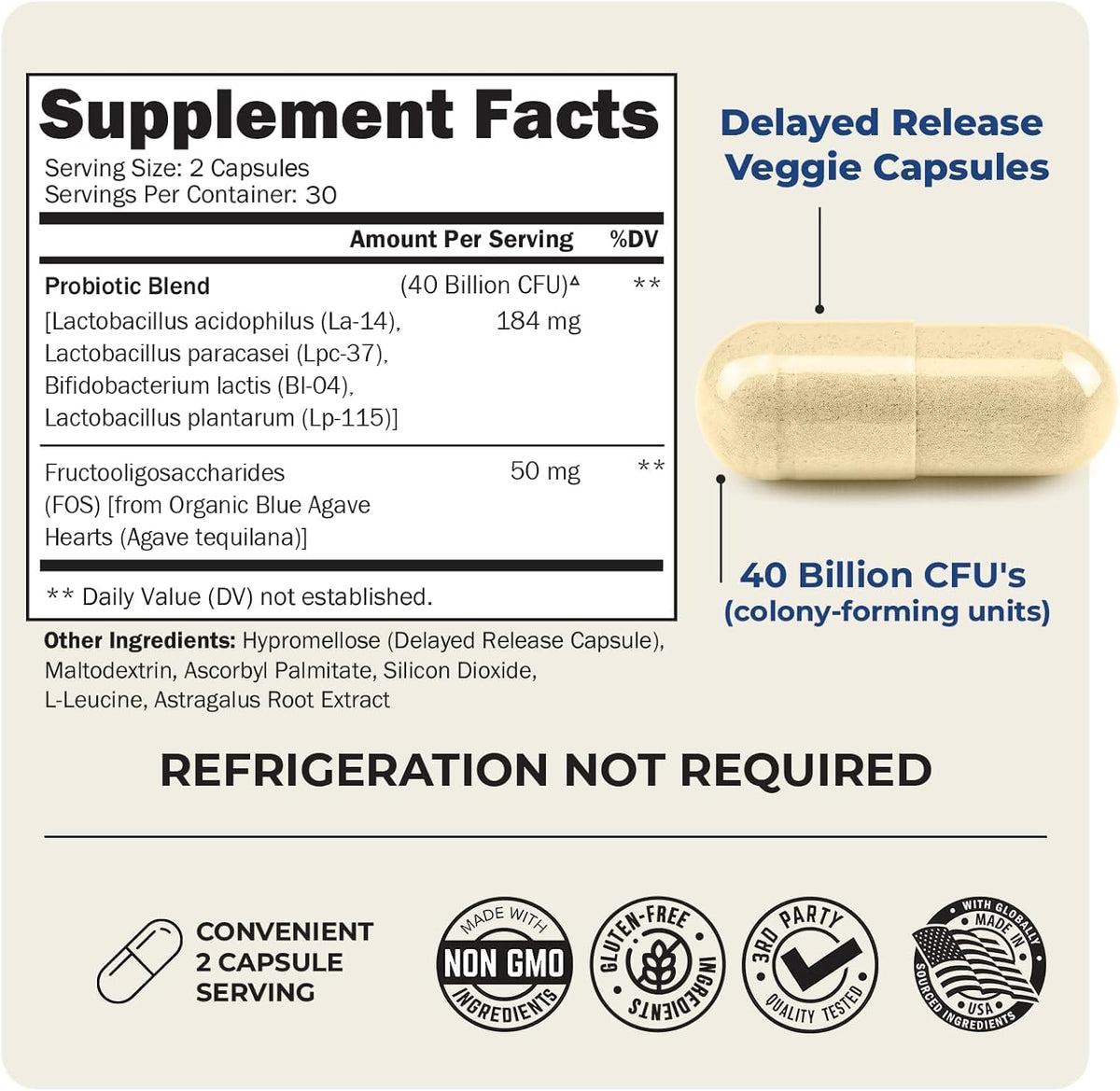 Probiotic 40 Billion CFU with Organic Prebiotics for Gut Health, 60 Count