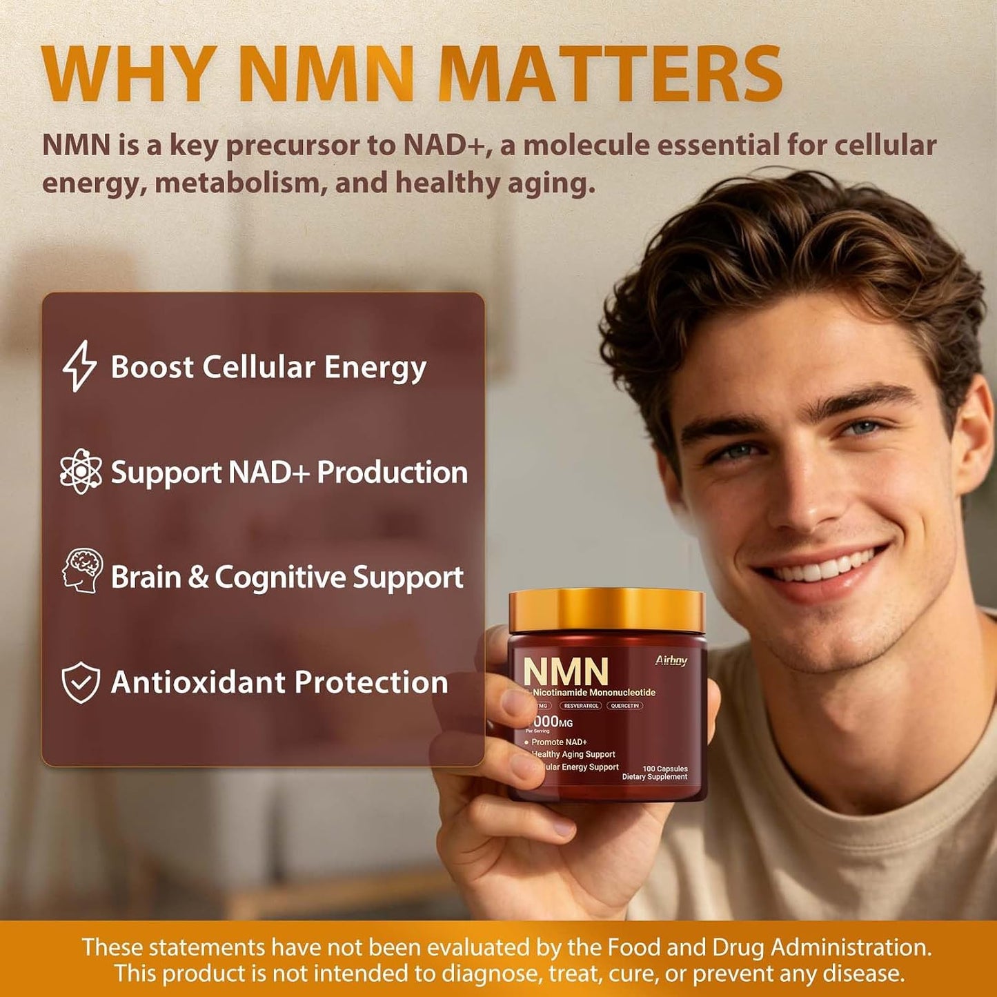 Airboy NMN Supplement 1000mg, 4-in-1 NAD+ Supplement with Nicotinamide Mononucleotide, Resveratrol, TMG, Quercetin, NMNH Alternative, Energy, Focus- 100 Count
