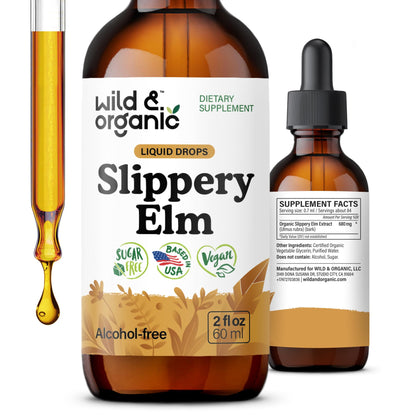 Wild & Organic Slippery Elm Liquid Drops - Lung, Digestive & Women's Support - Slippery Elm Bark Supplement - Add to Tea Tincture - Ulmus Rubra Herb - Vegan, Sugar & Alcohol-Free - 4 fl oz