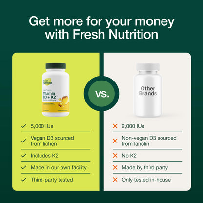 Fresh Nutrition Vegan Vitamin D3 + K2 Capsules - 5000 IU D3 + 100mcg K2 as MK-7 for Optimal Absorption - Immune Health, Bone Health, Mood - Non GMO - 90 Capsules, 3 Month Supply
