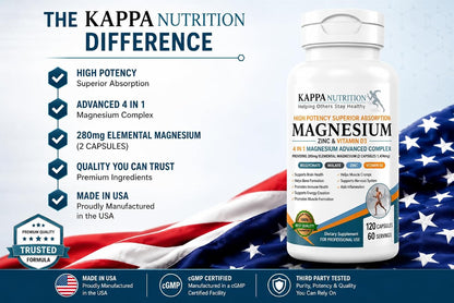 Kappa Nutrition Magnesium 4-in-1, 280mg Elemental Magnesium (Bisglycinate, Malate) + Zinc & Vitamin D3, Brain, Sleep, Energy, Muscle, Immune Support, 120 Vegan Capsules.