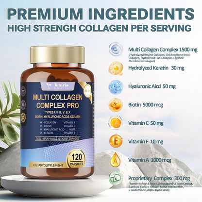18-in-1 Collagen Pro with Hyaluronic Acid, Keratin, Biotin, VIT A C & E for Skin, Hair, Nails, Joint & Beauty - Multi Collagen Peptides Capsules with Type I II III V & X for Women & Men - 120 Caps