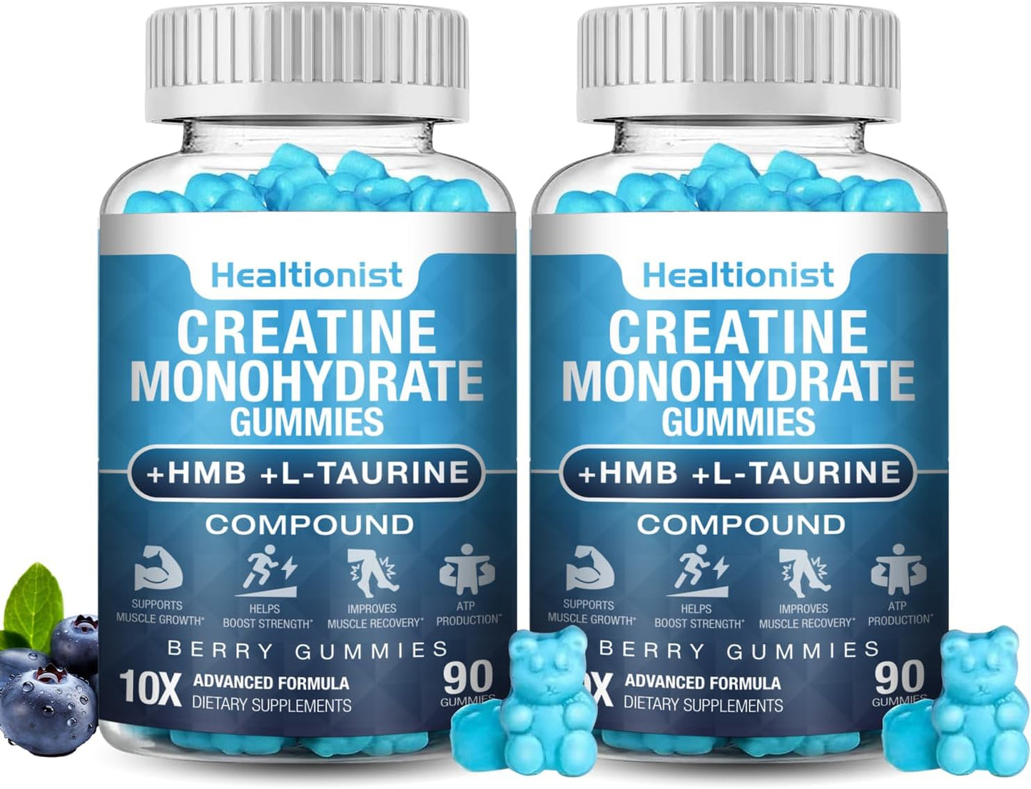 2 Pack 8000MG Creatine HMB Monohydrate Gummies for Men & Women, L-Taurine & Vitamin B6 12, 180 Blueberry Flavor Counts Supplement Gummies (60-Day Supply)