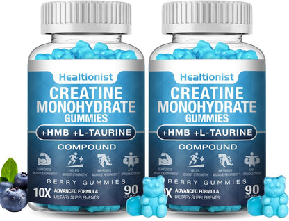 2 Pack 8000MG Creatine HMB Monohydrate Gummies for Men & Women, L-Taurine & Vitamin B6 12, 180 Blueberry Flavor Counts Supplement Gummies (60-Day Supply)