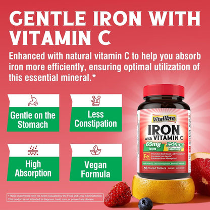 Iron Supplement, 65mg Carbonyl Iron with 250mg Vitamin C, Stomach Friendly | Iron Pills for Blood Building Women & Men, High Absorption, No Nausea, No Constipation, Non-GMO, No Gluten, 60 Vegan Tabs