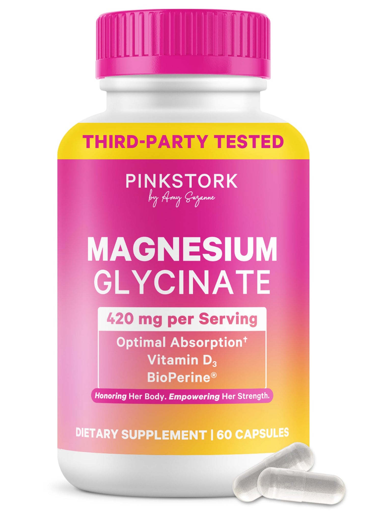 Pink Stork Magnesium Glycinate with Vitamin D, 60 Capsules | Magnesium Supplement for Women, Supports Natural Calm, Mood, and Sleep, Hormone Balance for Women, 1 month supply