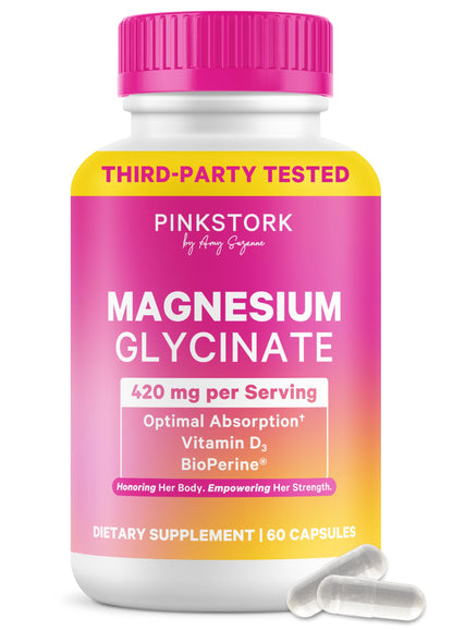 Pink Stork Magnesium Glycinate with Vitamin D, 60 Capsules | Magnesium Supplement for Women, Supports Natural Calm, Mood, and Sleep, Hormone Balance for Women, 1 month supply