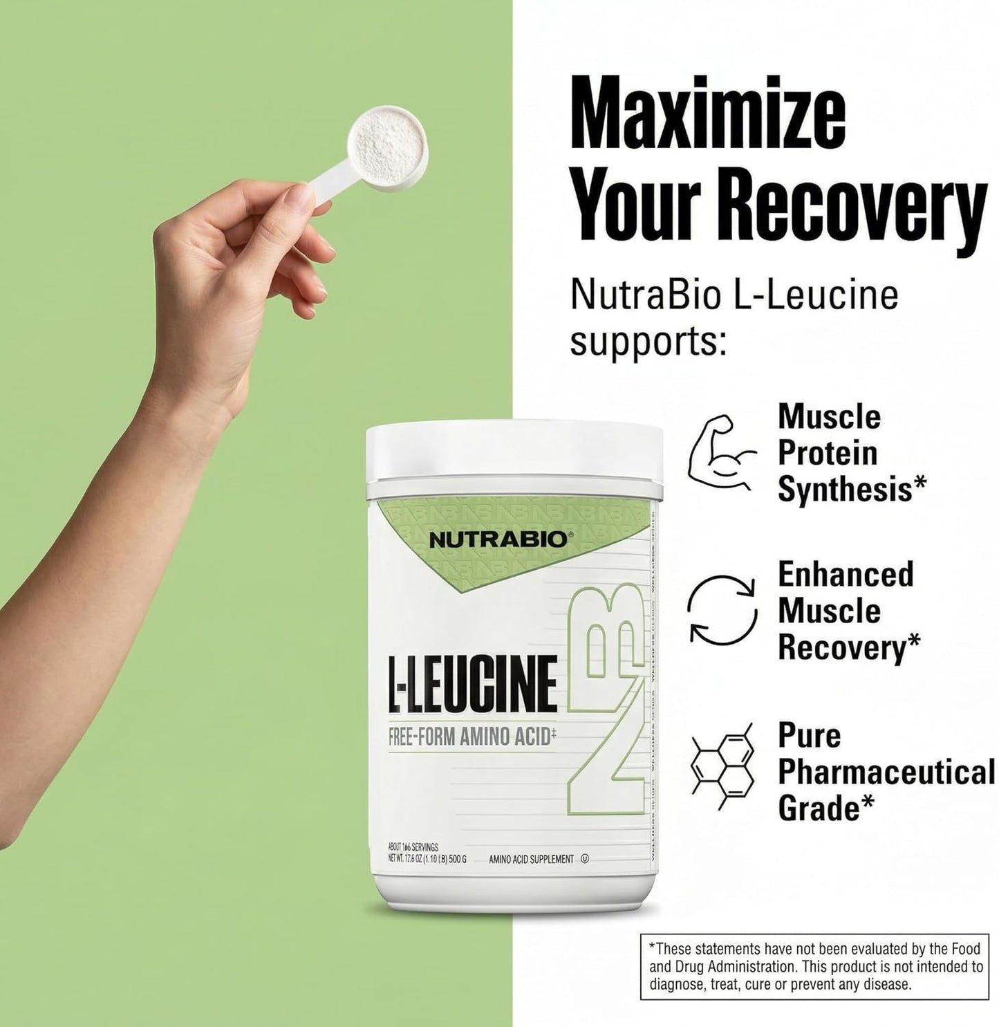 NutraBio 100% Pure L-Leucine - Muscle Recovery and Support - Naturally Fermented Free Form Amino Acid - Vegan, Non-GMO, Gluten Free - (500 Grams)