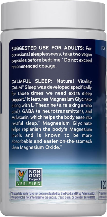 Natural Vitality Calm Sleep Capsules | Magnesium with Melatonin, L-Theanine & Gaba Supplement | For a Good Night's Sleep | Non-GMO, Gluten Free & Vegan | 120 Count