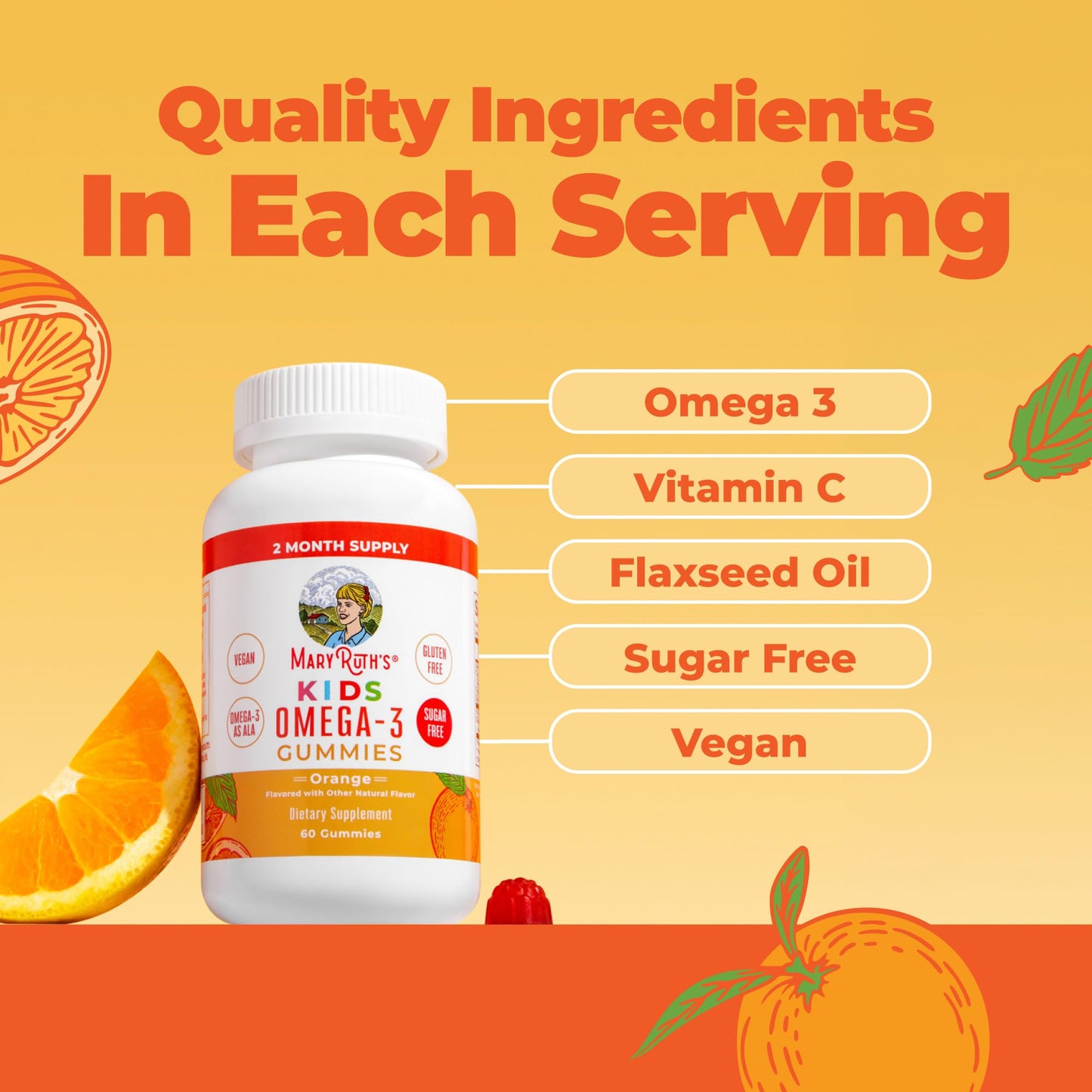 MARYRUTH'S Vegan Omega 3 Gummies for Kids 4 2 Month Supply | Sugar Free | Omega 3 Supplement with Vitamin C | Flaxseed Oil | Immune Support | Essential Nutrient ALA | No Fish Taste | 60 Count