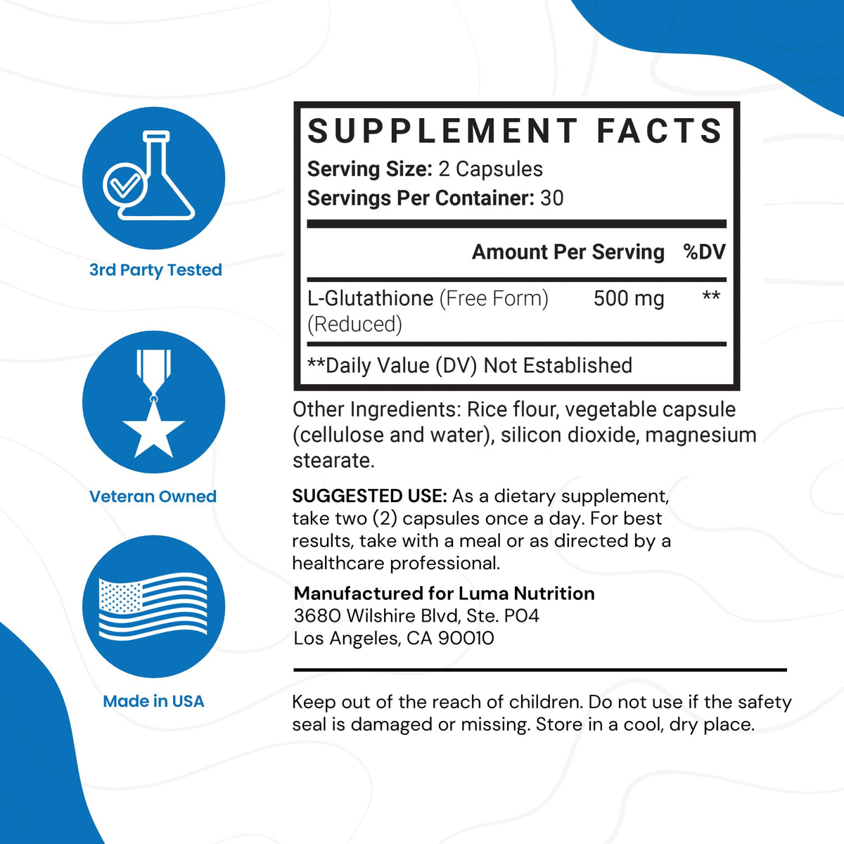 Premium Glutathione - Reduced Glutathione 500mg - Glutathione Supplement - L-Glutathione