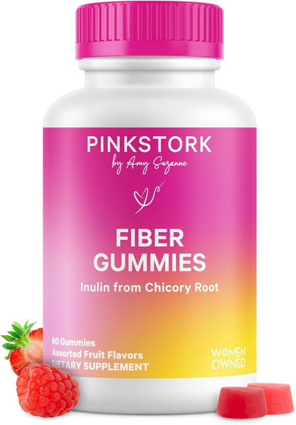 Pink Stork Prenatal Fiber Gummies for Women - 3g Prebiotic Inulin from Chicory Root - Natural Pregnancy & Postpartum Stool Softeners for Constipation & Digestive Health - 60 Vegan Fiber Chews