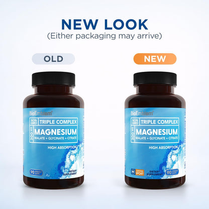 BioEmblem Triple Magnesium Complex | 300mg Magnesium Glycinate, Malate & Citrate | High Absorption Chelated Formula | Vegan, Non-GMO, Gluten-Free | 90 Capsules