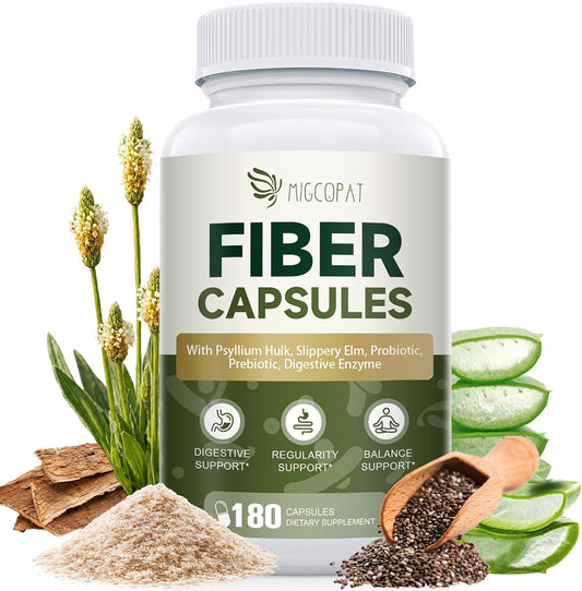 Migcopat Psyllium Husk Fiber Capsules, Fiber Supplement with Prebiotic Probiotic & Digestive Enzymes, Slippery Elm & Aloe Vera, Supports Gut Health & Regularity for Women & Men - 180 Capsules