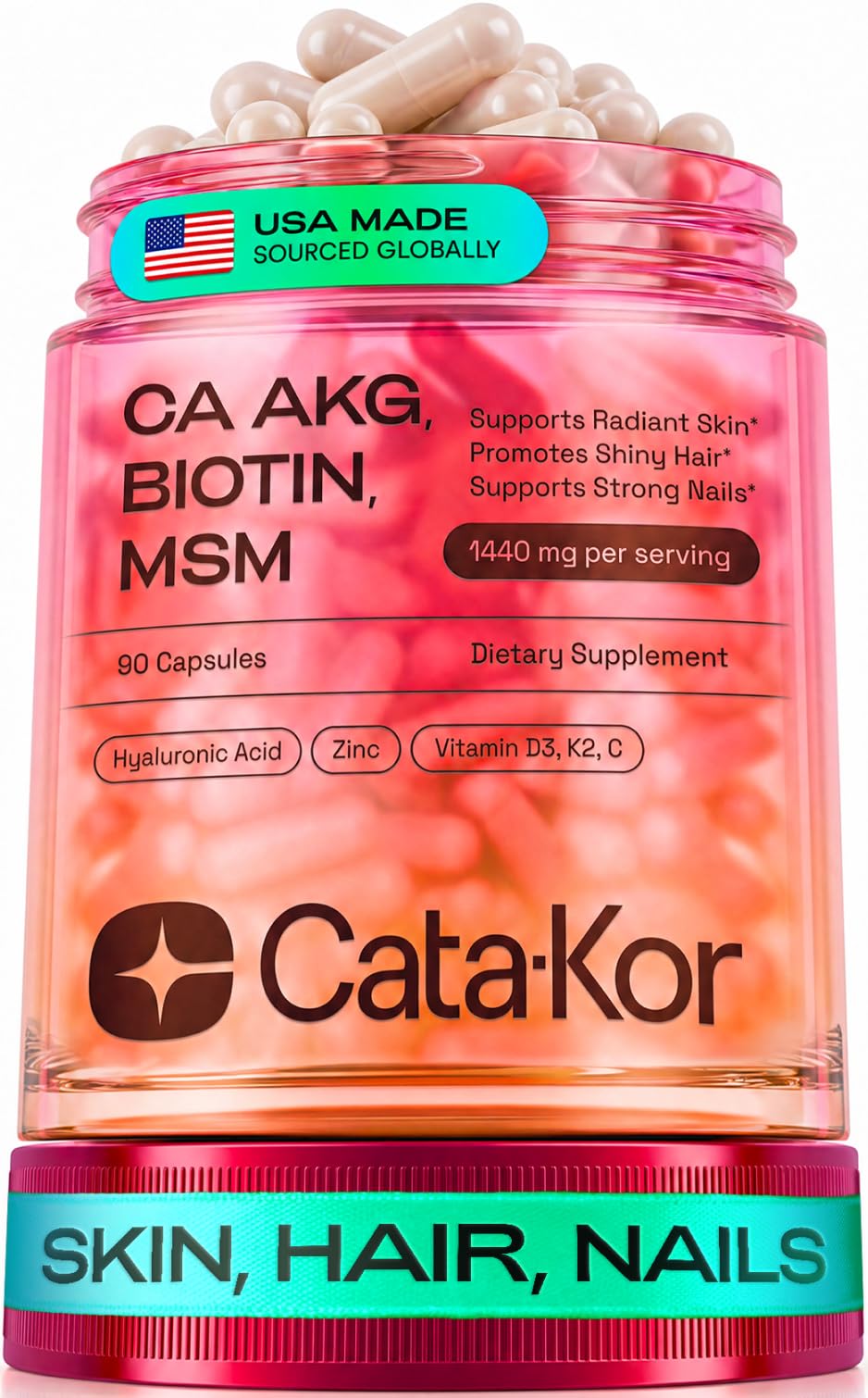 Cata-Kor Hair Skin and Nails Vitamins for Women – Biotin Collagen Hair Supplement | Hyaluronic Acid | Calcium AKG | MSM | Vitamin D3 K2 & C – Hair Growth Vitamins – 30 Day Supply (1 Pack)