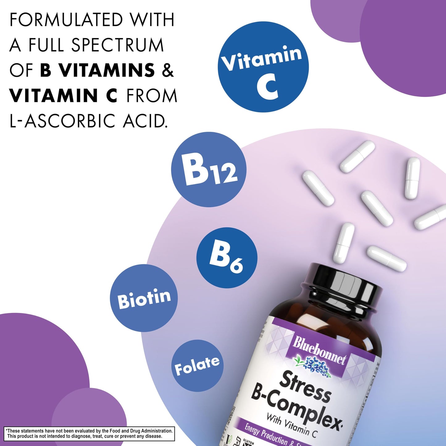 Bluebonnet Nutrition Stress Relief B Complex Vegetable Capsules, Vitamin B6, B12, Biotin, Folate, Vegan, Gluten & Soy & Milk Free, Kosher, Unflavored, 100 Count