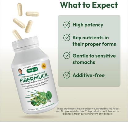 Andrew Lessman ProCaps Fibermucil Psyllium Husk Fiber 180 Capsules | Psyllium Husk Powder with Soluble & Insoluble Fiber plus Lactobacillus Sporogenes. No additives. Easy-to-swallow capsules.