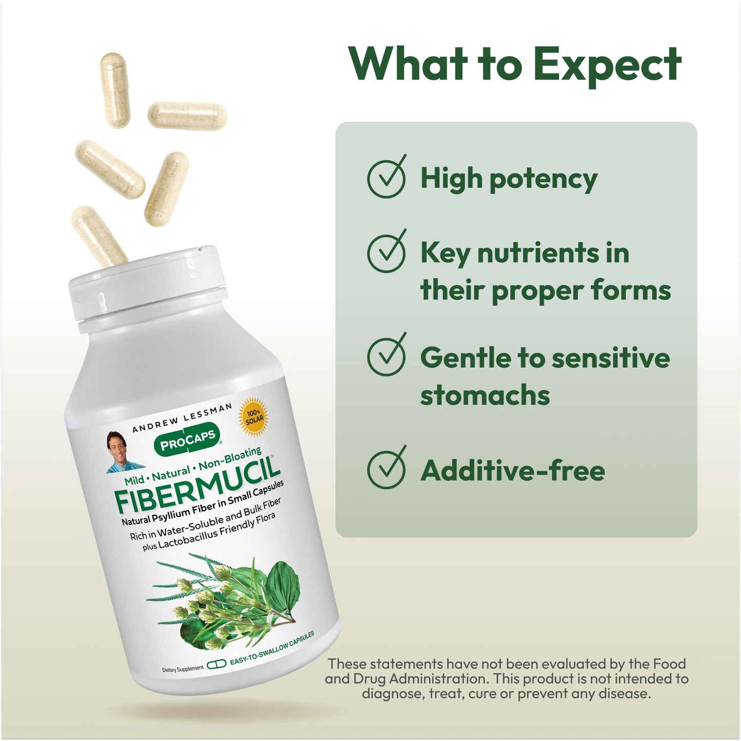 Andrew Lessman ProCaps Fibermucil Psyllium Husk Fiber 180 Capsules | Psyllium Husk Powder with Soluble & Insoluble Fiber plus Lactobacillus Sporogenes. No additives. Easy-to-swallow capsules.