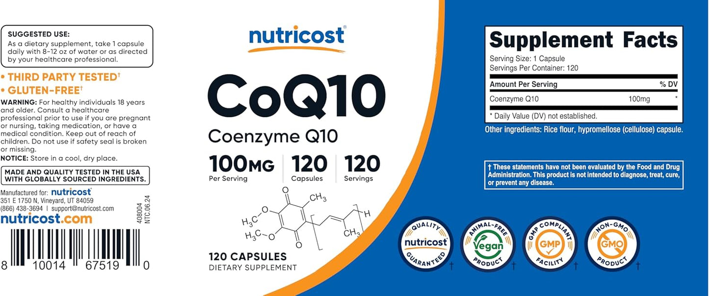 Nutricost CoQ10 100mg, 120 Vegetarian Capsules, 120 Servings - High Absorption, Vegetarian, Non-GMO, Coenzyme Q10