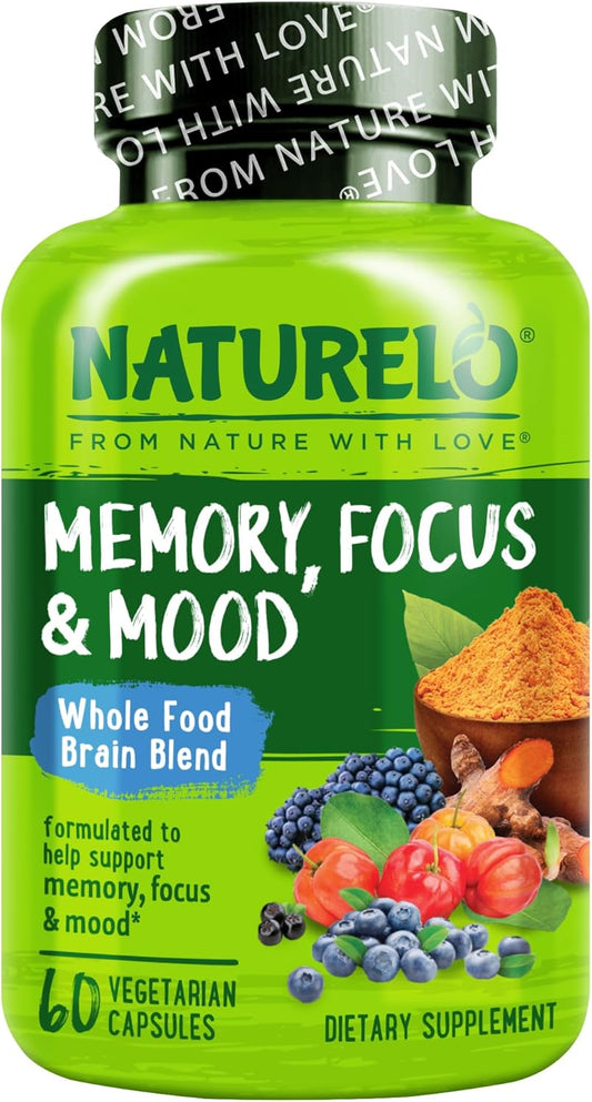 NATURELO Whole Food Brain Supplement - Brain Health Supplements for Memory & Focus Support - Enhance Brain Health Blend Supplement for Adults - 60 Vegetarian Capsules
