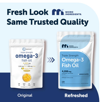 Micro Ingredients Triple Strength Omega 3 Fish Oil Supplements 4200mg Per Serving, 240 Softgels – Lemon Flavored – Burpless | EPA 1200mg + DHA 900mg | Deep Sea Fish