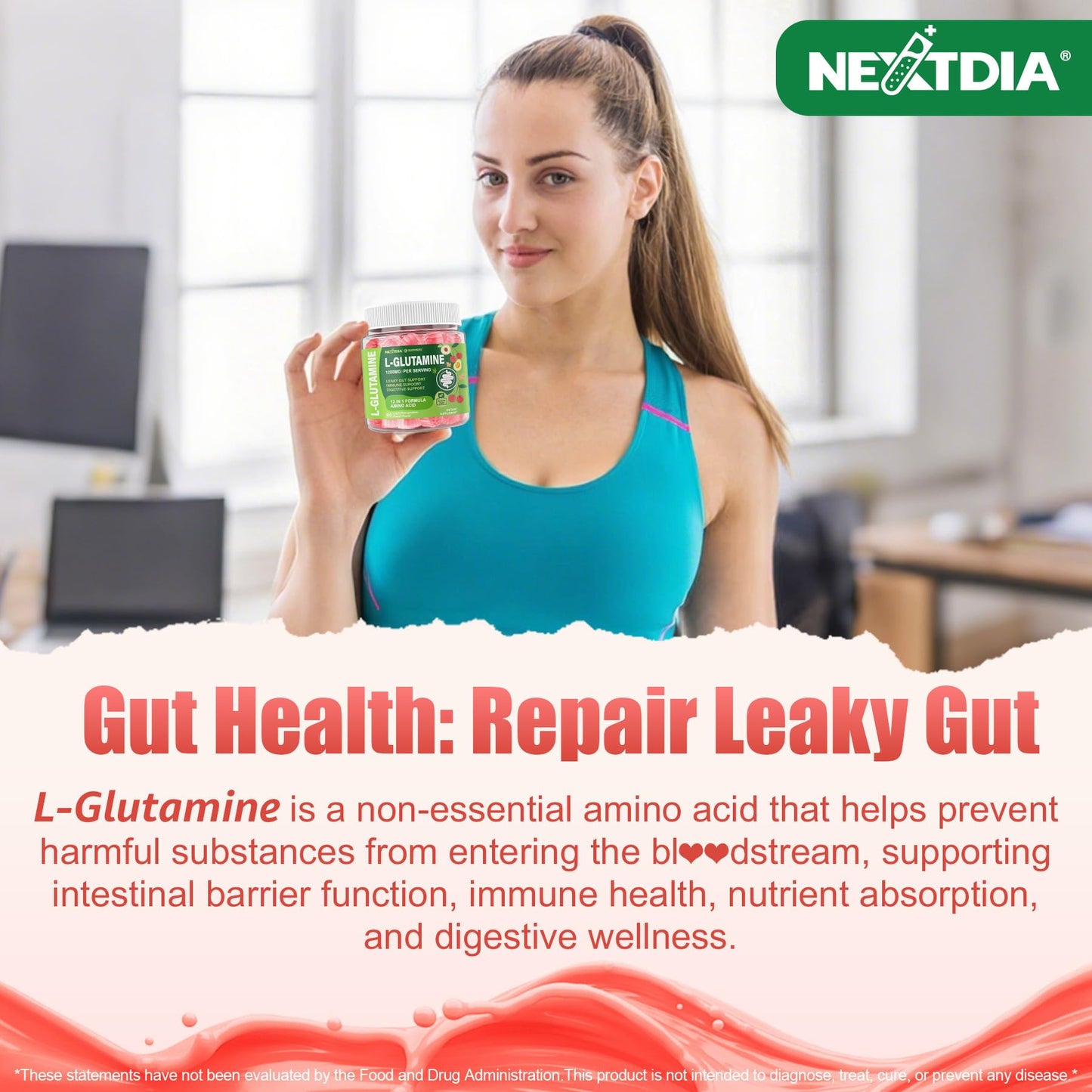 Nextdia L-Glutamine 1200mg Gummies, GLP-1 Friendly, for Gut & Immune Support, Leaky Gut Repair with Akk Probiotic, Slippery Elm, Marshmallow Root, Ginger, Aloe, Vitamin C D3, Zinc, Sugar-Free, 60 Cts