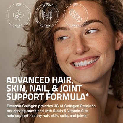 Bronson Collagen Peptides 3000mg with Biotin & Vitamin C, 90 Tablets | Hair, Skin & Nails Support, 3g Collagen per Serving, Non-GMO, Gluten-Free, Soy-Free