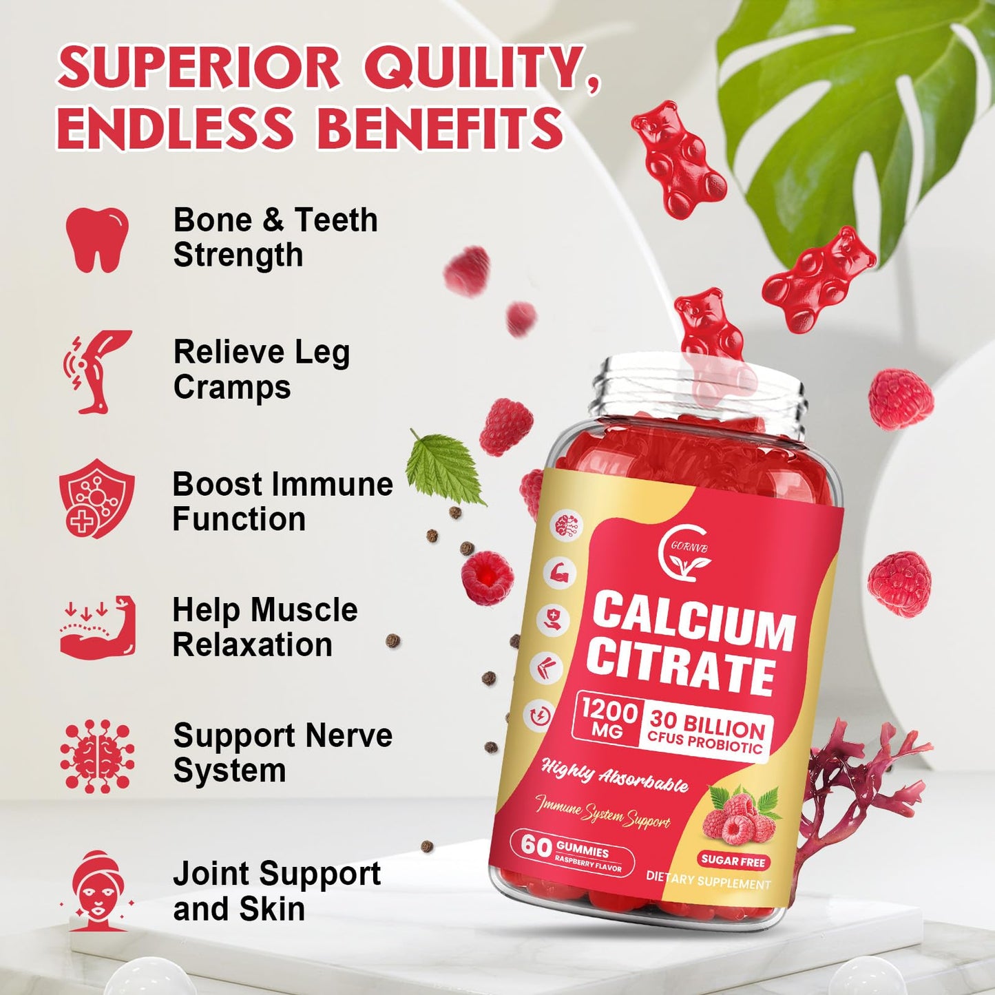 (2 Pack) Sugar Free Calcium Citrate Gummies 1200 mg with Vitamin d3, K2, Magnesium, Zinc for Bone, Muscle & Immune Support, High Absorption Calcium Supplement for Women, Raspberry Flavor, 60 Chews