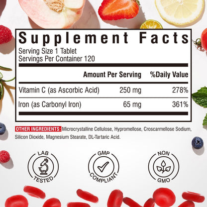 Iron Supplement, 65mg Carbonyl Iron with 250mg Vitamin C, Stomach Friendly | Iron Pills for Blood Building Women & Men, High Absorption, No Nausea, No Constipation, Non-GMO, No Gluten, 60 Vegan Tabs