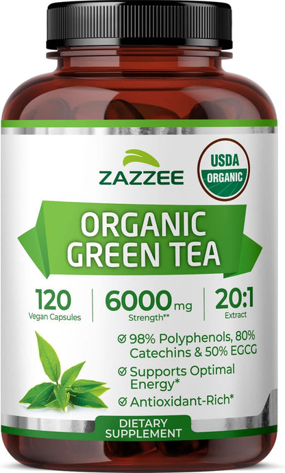 Zazzee USDA Organic Green Tea 20:1 Extract, 50% EGCG, 98% Polyphenols, 80% Catechins, 120 Vegan Capsules, 4 Month Supply, Antioxidant, Metabolism & Energy Support, Non-GMO, All-Natural, Made in USA