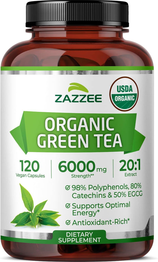 Zazzee USDA Organic Green Tea 20:1 Extract, 50% EGCG, 98% Polyphenols, 80% Catechins, 120 Vegan Capsules, 4 Month Supply, Antioxidant, Metabolism & Energy Support, Non-GMO, All-Natural, Made in USA