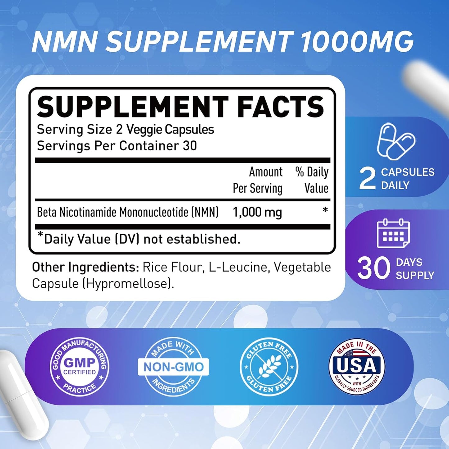 NMN 1000mg Supplement - 99.9% Purity Beta-Nicotinamide Mononucleotide for Men & Women - NAD+ Boost, Healthy Aging & Cellular Energy - 60 Veggie Capsules