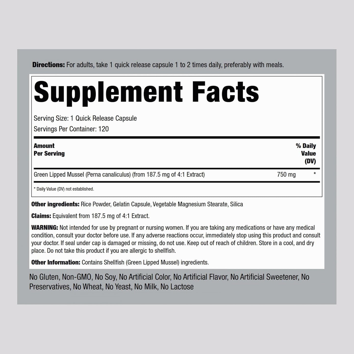 Piping Rock Green Lipped Mussel | 120 Capsules | Supplement for Humans | Freeze Dried from New Zealand | Non-GMO, Gluten Free