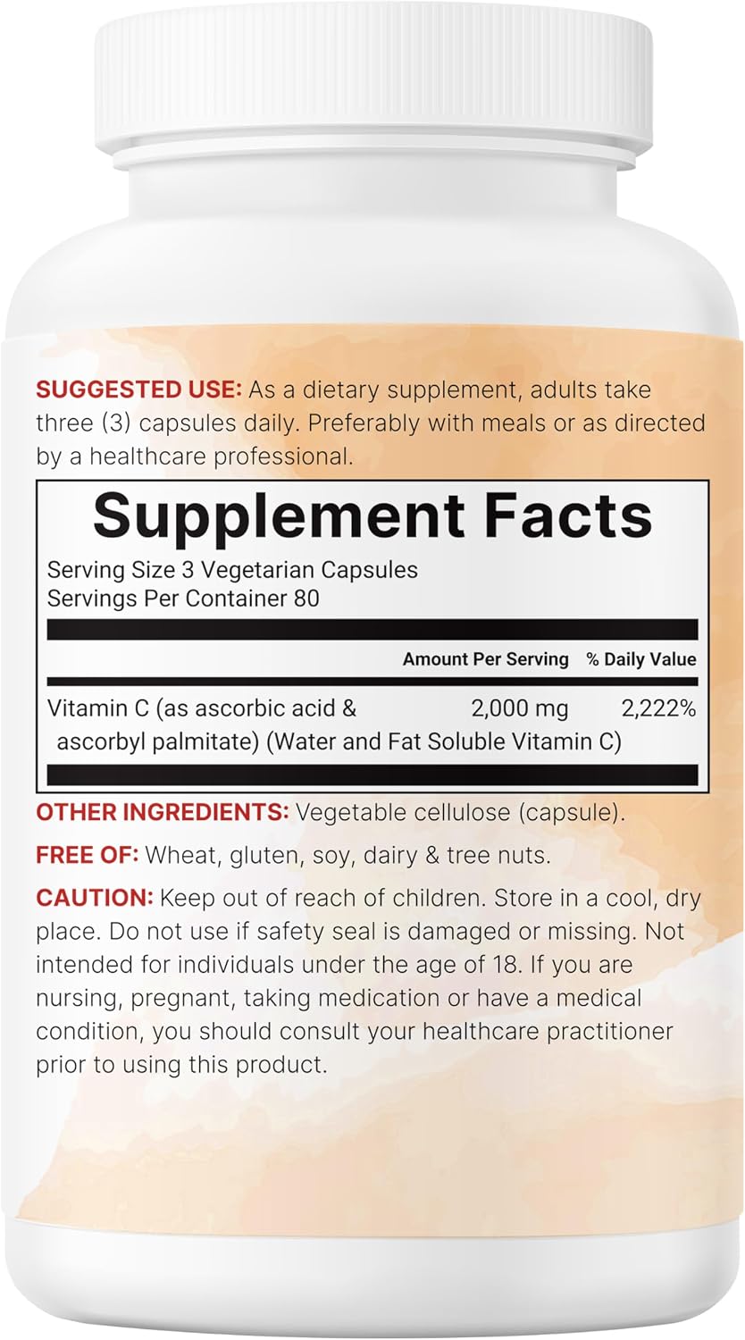 Pure Vitamin C 2,000mg, 240 Veggie Capsules | Highly Bioavailable Fat & Water Soluble Forms | Max Potency | Antioxidant & Immune Support Supplement | Easily Absorbed, Non-GMO, Filler Free