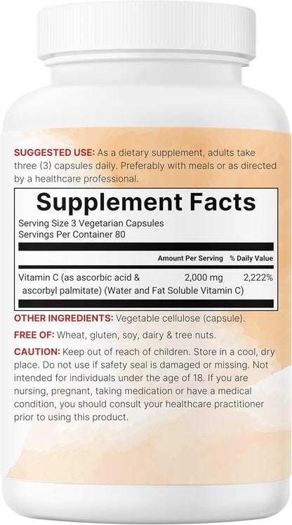 Pure Vitamin C 2,000mg, 240 Veggie Capsules | Highly Bioavailable Fat & Water Soluble Forms | Max Potency | Antioxidant & Immune Support Supplement | Easily Absorbed, Non-GMO, Filler Free