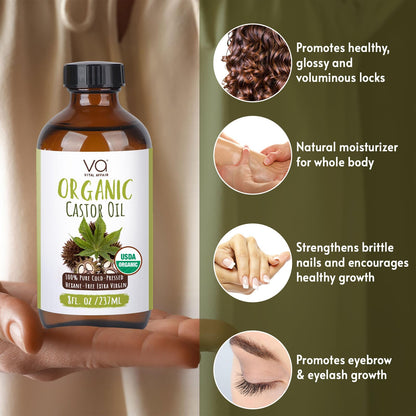 VITAL AFFAIR Castor Oil Organic Cold Pressed Unrefined Glass Bottle- USDA Certified Organic Castor Oil