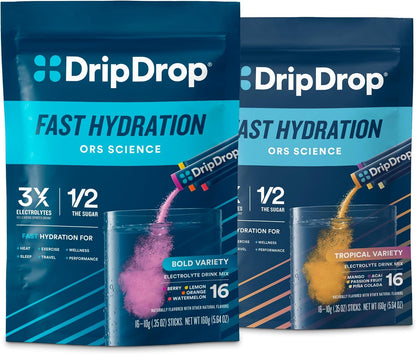 DripDrop Hydration Bold Tropical Variety Bundle Electrolyte Packets, 32 Ct | Watermelon, Berry, Lemon, Orange, Mango, Açaí, Passion Fruit & Piña Colada; Single Serve Powder Drink Mix; 3X Electrolytes