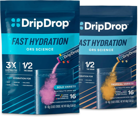 DripDrop Hydration Bold Tropical Variety Bundle Electrolyte Packets, 32 Ct | Watermelon, Berry, Lemon, Orange, Mango, Açaí, Passion Fruit & Piña Colada; Single Serve Powder Drink Mix; 3X Electrolytes