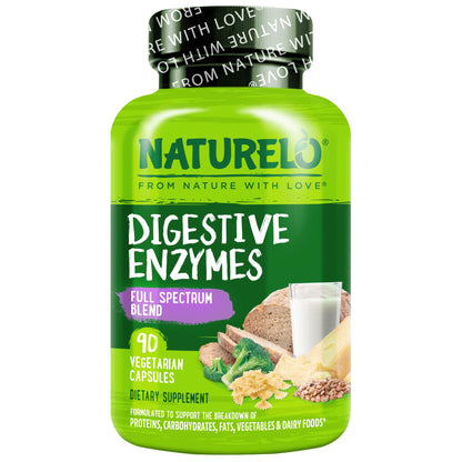NATURELO Digestive Enzymes - Full Spectrum Support with a Broad Blend of 15 Enzymes Plus Ginger - 90 Vegan Capsules