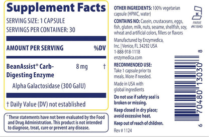 Enzymedica BeanAssist - Digestive Enzyme Supplement for Women & Men, Alpha Galactosidase Enzyme for Digestion & Gut Health Support, Helps Reduce Gas & Bloating, Fast-Acting, Vegan - 30 Caps